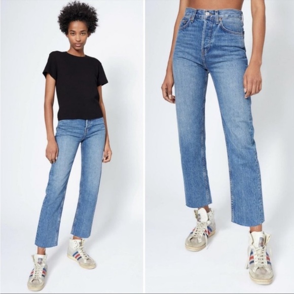 Redone 70s Ultra High Rise Stove Pipe Jeans in Worn Blue Size 31 NEW